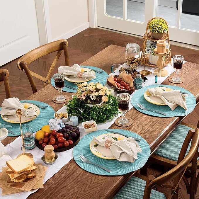 AHHFSMEI Round Braided Placemats 15 Inch Round Table Mats for Dining Tables Natural Woven Heat Resistant Place mats Set of 6 (Light Teal)