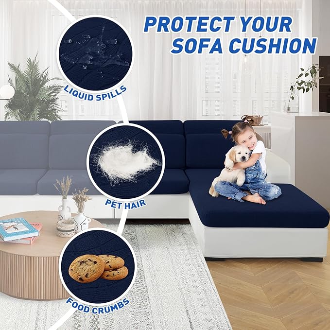 MAXIJIN Waterproof Couch Cushion Covers Stretch Sofa Seat Slipcovers Washable，Sectional Outdoor Cushion Covers with Elastic Bottom for Dogs Pets Kids (1 Pc Loveseat Cushion Cover, Navy Blue)