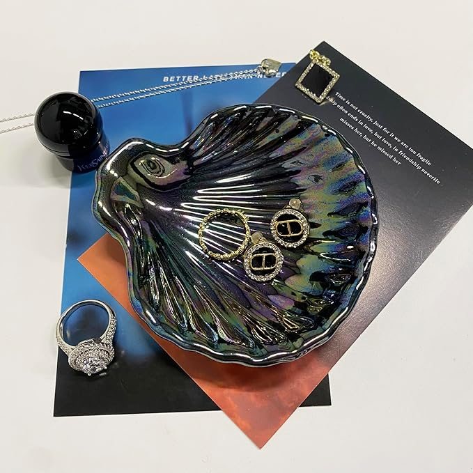 Shell Jewelry Dish Tray, Ceramic Trinket Tray Clamshell Jewelry Storage Dish, Ring Holder Dish Key Bowl, Decorative Jewelry Plate, Cute Jewelry Organizer for Room Decor (Multicolor Black)