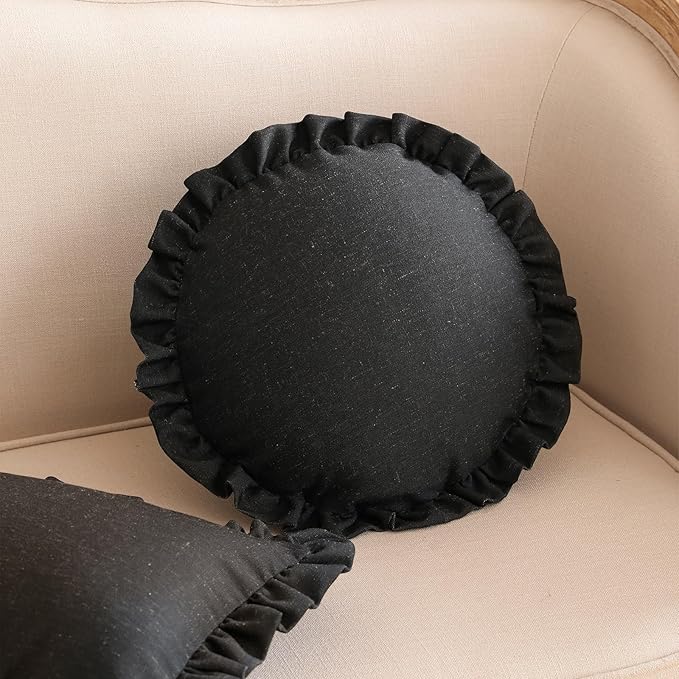 ISAENNE Classic Black Round Throw Pillow Cover Diameter 16", Solid Color Farmhouse Linen Cotton Decoration Pillow Cover with Ruffles, Sturdy Throw Pillow Case for Couch Sofa Bed Living Room