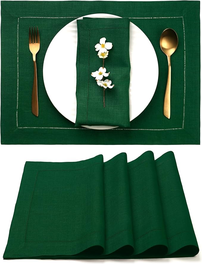 D'Moksha Homes Linen Placemats Set of 4 - Classic Hemstitch Forest Green Placemats 14 x 19 Inch - 100% Pure Linen Table Mats for Winter, Holiday, New Year - Handcrafted and Machine Washable