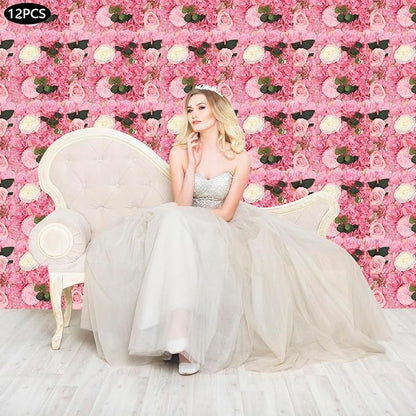 12Pcs Artificial Flower Wall Panel 3D Floral Backdrop Walls15 X 15" Flower Wall Decor Panel Flower Backdrop for Party Home Background Decor-Dark Pink, White