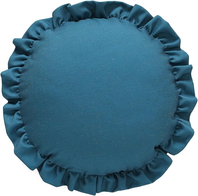 ISAENNE Classic Blue Round Throw Pillow Cover Diameter 16", Solid Color Farmhouse Linen Cotton Decoration Pillow Cover with Ruffles, Sturdy Throw Pillow Case for Couch Sofa Bed Living Room