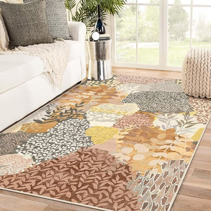 DEXDE 5x7 Area Rugs, Washable Non-Slip Abstract Boho Soft Rug for Living Room Bedroom,Leaves Floral Print Large Carpet for Entryway, Kids Playroom, Office,Camel