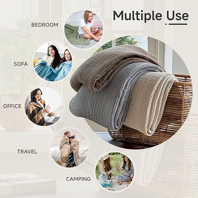 Simple&Opulence 100% Cotton Muslin Blanket Queen Size, Lightweight Breathable 4 Layering Gauze Blanket for Bed Couch Camping, Soft Bedspread Coverlet All-Season Use (Grey, 88" x 92")