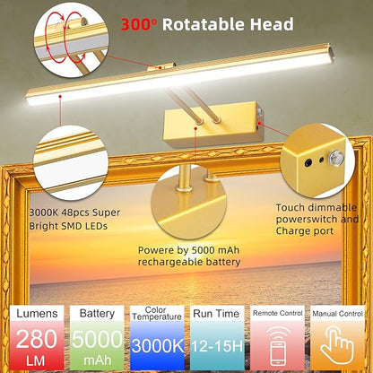 FUNCHDAY Picture Light,5000mAh Battery Operated Picture Light for Wall,Wireless Remote Painting Light with Timer and Dimmable,16”Metal Art Light for Display,Artwork,Portrait,Gallery-Gold