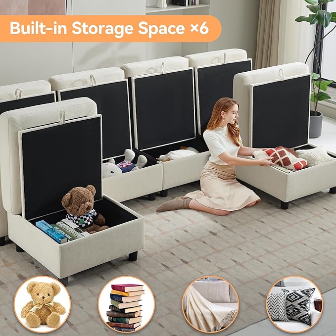 107”Modular Sectional Sofa Convertible U Shaped Sofa Couch Set with Storage for Living Room, Modern 6 Seater Modular Sectional Couch with Movable Ottoman, Chenille(Beige)