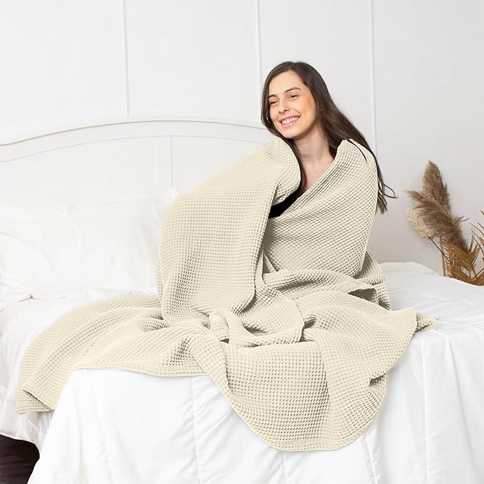 100% Cotton Waffle Blankets for Bed - King (104" x 90") Lightweight, Breathable and Soft, Waffle Weave Blanket for All-Season - Summer, Spring, Winter (Beige)