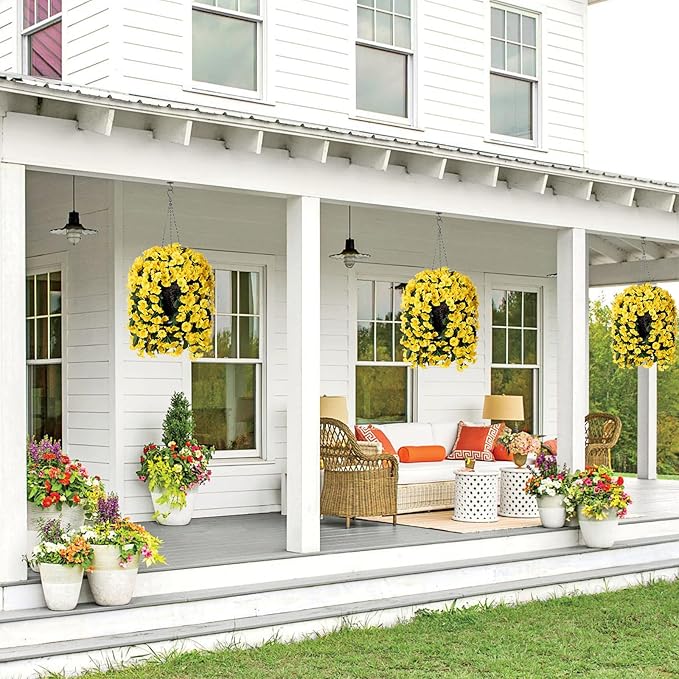 HyeFlora Artificial Fake Hanging Flowers Plants for Outdoor Outside Decoration, 2PCS Faux Silk UV Resistant Look Real Yellow Morning Glory Trailing Vines for Home Planter Porch Patio Balcony