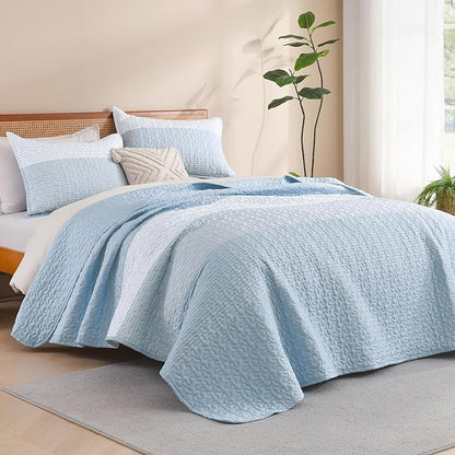 Litanika Quilt Queen Size Pale Blue, Stripe Patchwork Summer Bedspread Coverlet 3 Pieces, Soft Lightweight Microfiber Quilted Bedding Set for All Season(1 Quilt, 2 Pillowcases)