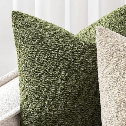 Woaboy Pack of 2 18x18 Inch Decorative Boucle Throw Pillow Covers Textured Square Pillowcaes Accent Solid Cozy Soft Cushion Covers Home Decor for Sofa Couch Living Room Home Decor,Olive Green
