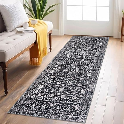 Vintage Floral 2x6 Runner Rug, Black and White Washable Kitchen Runner Rug Non-Slip Hallway Rug Runner Boho Thin Printed Faux Wool Super Soft Carpet for Entryway Bedroom Laundry Room Indoor