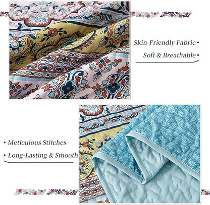 WONGS BEDDING Boho King Quilt Set, Pink and Blue Bohemian Quilt Bedding Set, Lightweight Bed Decor Bedspread for All Season Reversible Microfiber Coverlet Bedding Set 103"x90"(3 Pieces)