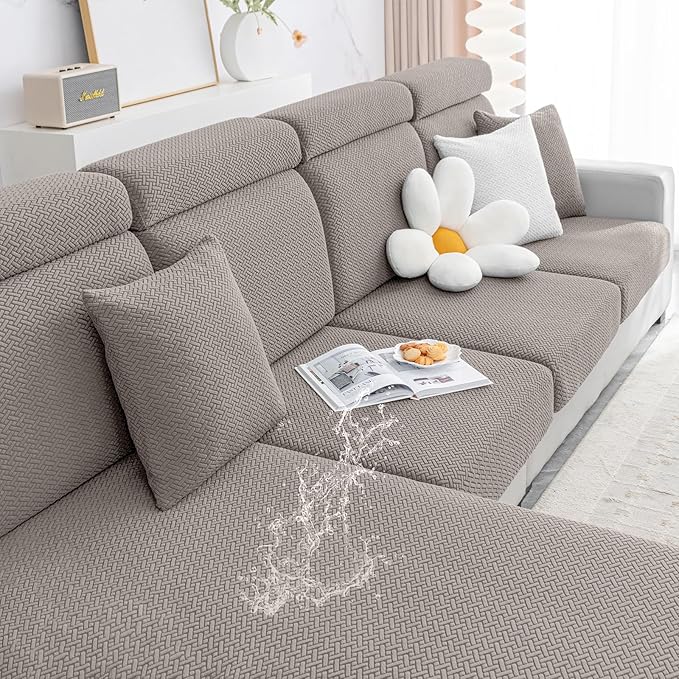 Smiry Waterproof Couch Cushion Covers, Stretch Jacquard Thick Sofa Cushion Covers, Washable Seat Slipcover Elastic Furniture Protector for Pets, Kid (Large, Taupe)