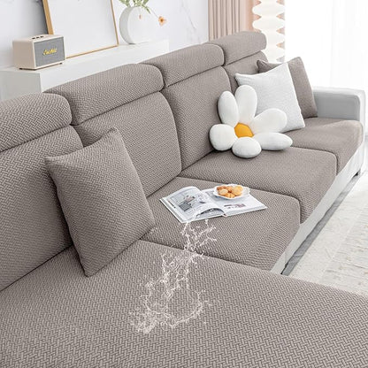 Smiry Waterproof Couch Cushion Covers, Stretch Jacquard Thick Sofa Cushion Covers, Washable Seat Slipcover Elastic Furniture Protector for Pets, Kid (Large, Taupe)
