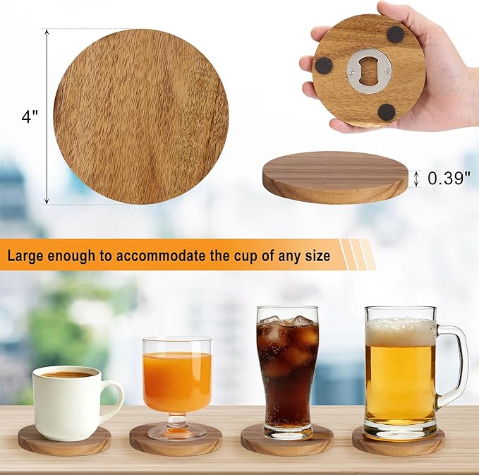 Yoption 6 Pcs Wood Coasters for Drinks with Bottle Opener and Holder, Acacia Wooden Cup Coaster with Non-Slip Pad for DIY Crafts, Coffee Table, Dining Table Home Christmas Decor, 4 Inches