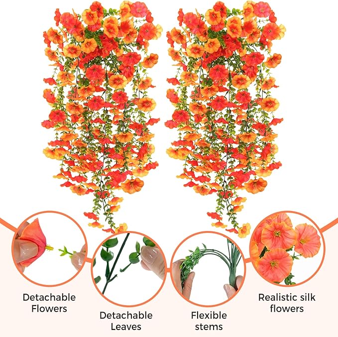 2 PCS Artificial Hanging Fall Flowers for Outdoor Decoration, UV Resistant Realistic Silk Morning Glory with Eucalyptus for Autumn Home Decor Porch Balcony Garden Planter(Orange Yellow)