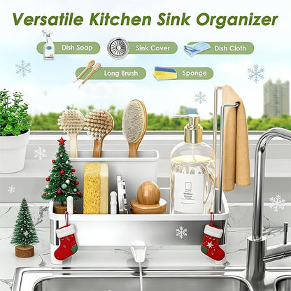 Stainless Steel Sink Caddy, Sponge Holder for Kitchen Sink with Brush Holder & Dishcloth Rack, Rustproof Organizer Countertop, Soap Dispenser Kitchen Organizers Storage Essentials, White