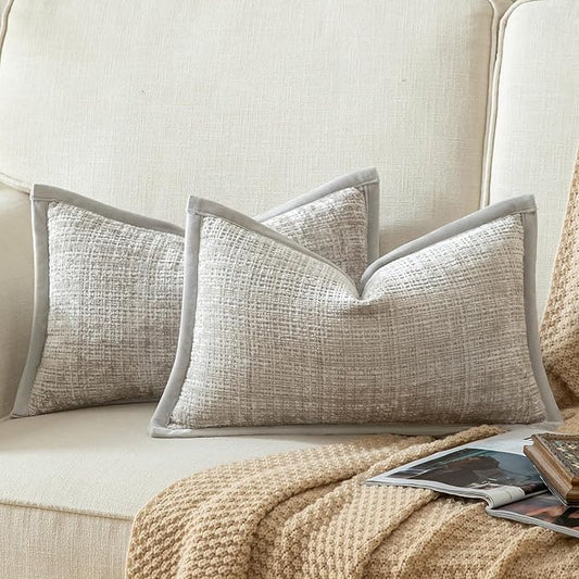 Yaertun Pack of 2 Chenille Textured Decorative Throw Pillow Covers Accent Solid Cushion Cover Soft Cozy Pillow Case with Velvet Back for Couch Sofa Bed Living Room 12x20 Inch Pearl Grey