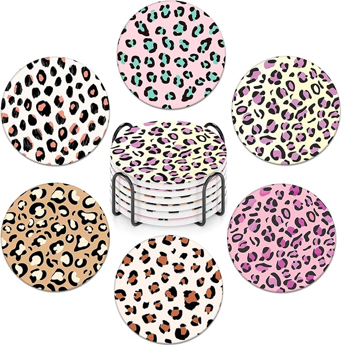 6-Piece Ceramic Coaster Set with Tray Diameter: 3.94 in Thickened Absorbent Material Heat-Resistant and Water-Absorbent Coaster Set Suitable for All Types of Cups， Leopard Print