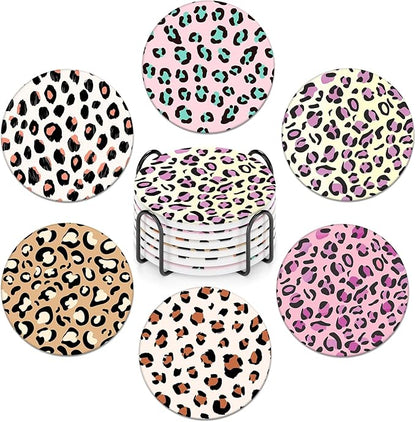 6-Piece Ceramic Coaster Set with Tray Diameter: 3.94 in Thickened Absorbent Material Heat-Resistant and Water-Absorbent Coaster Set Suitable for All Types of Cups， Leopard Print
