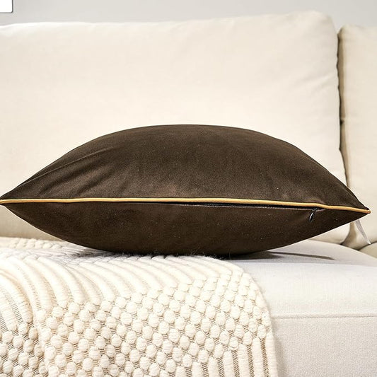 Aeckself Pack of 2 Dark Brown Velvet Pillow Covers 24 x 24 Inch, Large Modern Luxury Decorative Pillowcase with Gold Trim Edge, Comfortable Soft Solid Cushion Case for Couch Bedroom Living Room