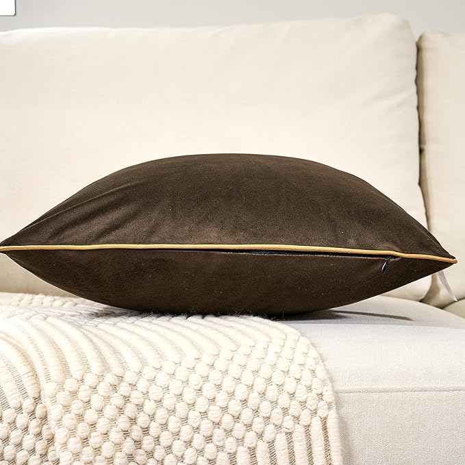 Aeckself Pack of 2 Dark Brown Velvet Lumbar Pillow Covers, Modern Luxury Decorative Pillowcase with Gold Trim Edge, Comfortable Soft Solid Cushion Case for Couch Bedroom Living Room 12 x 20 Inch