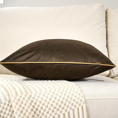 Aeckself Pack of 2 Dark Brown Velvet Lumbar Pillow Covers, Modern Luxury Decorative Pillowcase with Gold Trim Edge, Comfortable Soft Solid Cushion Case for Couch Bedroom Living Room 12 x 20 Inch