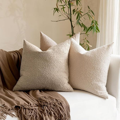 Boucle Decorative Throw Pillow Covers for Couch Set of 2, 18x18 inches, Oatmeal