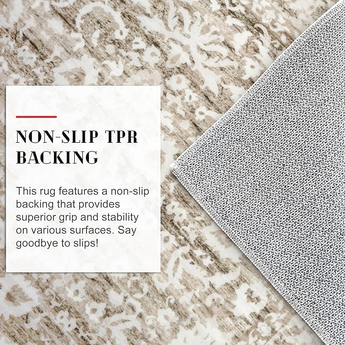 Vintage Floral 2x6 Runner Rug, Beige Tan White Washable Kitchen Runner Rug Non-Slip Neutral Hallway Rug Runner Thin Printed Faux Wool Super Soft Carpet for Entryway Bedroom Laundry Room Indoor