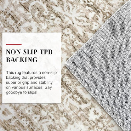 Vintage Floral 2x6 Runner Rug, Beige Tan White Washable Kitchen Runner Rug Non-Slip Neutral Hallway Rug Runner Thin Printed Faux Wool Super Soft Carpet for Entryway Bedroom Laundry Room Indoor