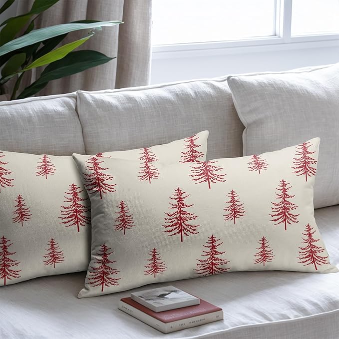 Christmas Tree Lumbar Pillow Covers 12x20 Set of 2 Red Xmas Vintage Winter Print Decorative Outdoor Linen Throw Pillows Cases Cushion Cover Rustic Holiday Decoration Farmhouse Sofa Couch Bed Decor