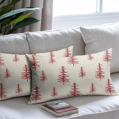 Christmas Tree Lumbar Pillow Covers 12x20 Set of 2 Red Xmas Vintage Winter Print Decorative Outdoor Linen Throw Pillows Cases Cushion Cover Rustic Holiday Decoration Farmhouse Sofa Couch Bed Decor