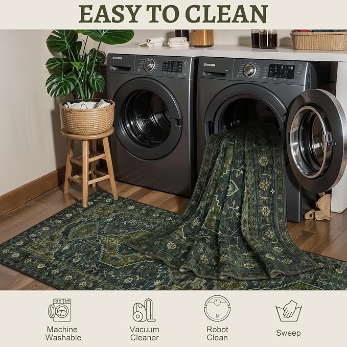 Tangsoo Washable Rug 4x6 Area Rug, Oriental Rug Indoor for Living Room, Non Slip Machine Washable Large Rugs, Soft Print Distressed Olive Green Carpet for Bedroom Dining Room Dorm Office