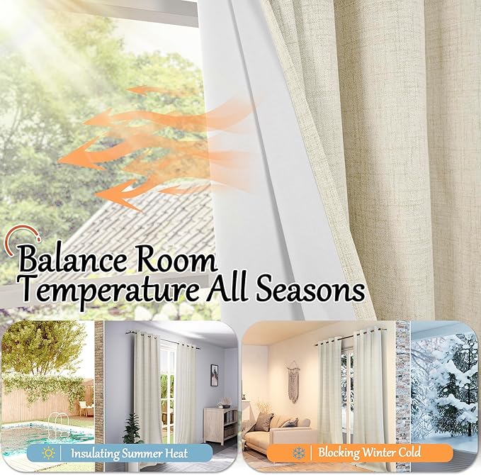 Lajode Blackout Living Room Curtains 72 Inch Long 2 Panels, Textured Linen Black-Out Curtains for Bedroom Light Blocking, Bronze Grommet Thermal Insulated Window Drapery, Each 52" Wide, Natural