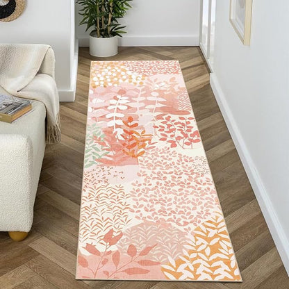 DEXDE Runner Rug 2x6, Washable Hallway Boho Soft Area Rugs Abstract Long Non Slip Botanical Leaves Floral Print Carpet for Entryway Kitchen Laundry Bedroom,Pink