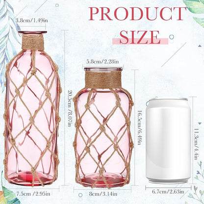 Chuangdi Set of 2 Coastal Glass Vases Christmas Vases for Flowers with Boho Rope Christmas Centerpieces for Tables Small Beach Bottle for Nautical Wedding Floral Arrangement Decorations(Pink)