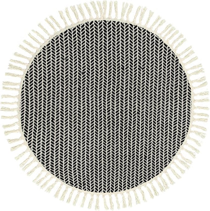 Lahome Boho Black and White Round Rug 3ft, Small Circle Bathroom Kitchen Rug Lightweight Washable Rugs for Entryway with Tassels, Farmhouse Cotton Non Shedding Round Mat for Bath Dorm Bedroom