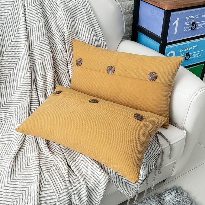 HWY 50 Mustard Yellow Chenille Throw Pillow Covers 12x20 Inch with Triple Buttons, Soft Farmhouse Accent Decorative Cushion Cases for Couch Sofa Living Room Pack of 2 Rectangle