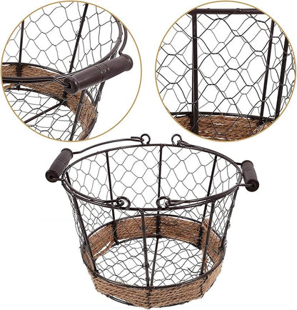 Housoutil Iron Wire Storage Basket with Handle Vintage Small round Metal Organizer Basket for Fruit Vegetable and Desktop Sundries for Home Storage and Decoration