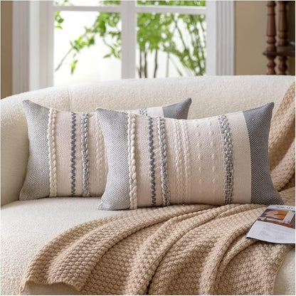 Boho Throw Pillow Covers 12x20 Inch Set of 2, Grey Textured Decorative Couch Pillow Cases for Farmhouse Home Decor, Accent Cushion Cover for Sofa, Bed, Living Room, Bedroom