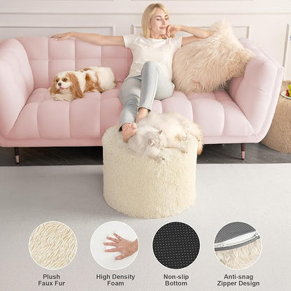 Hansleep Pouf Ottoman Foam Filled 20 x 15, Faux Fur Round Ottoman Foot Rest for Chair with Washable Cover, Foot Stools Under Desk for Living Room & Bedroom, Beige