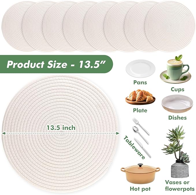 Round Woven Placemats Set of 8 Heat Resistant Placemats 13.5 Inches Farmhouse Cotton Rope Place Mats for Dining Tables Trivets for Hot Dishes, White