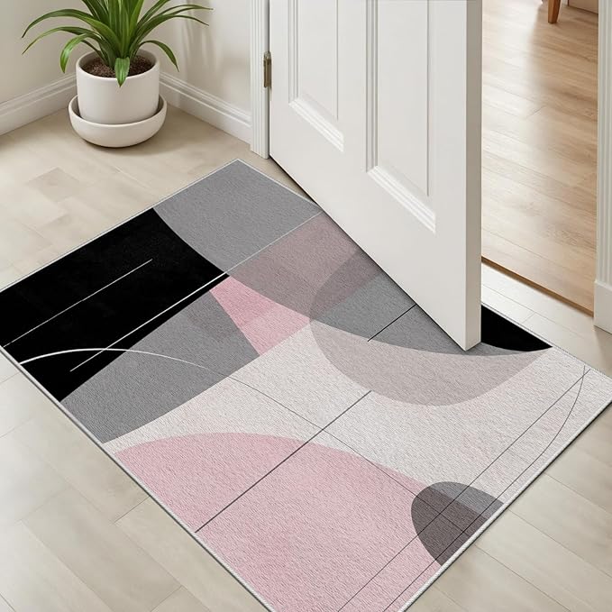 Abstract Art Line Living Room Area Rugs 5x6, Modern Boho Geometric Print Rug, Minimalist Washable Non Slip Neutral Soft Carpet for Bedroom, Dining Room Office Playroom, Black Gray