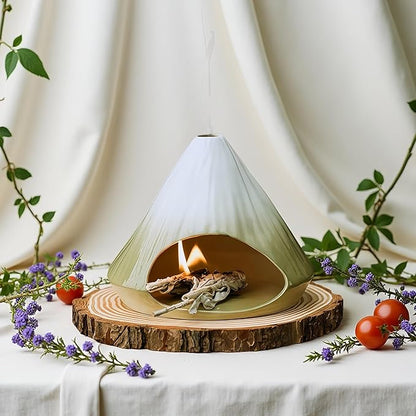 Handmade Ceramic Palo Santo Holder Burner & Sage Holder - Mini Tabletop Chiminea Burner Tray with Ash Catcher, Decorative Incense Holder for Spiritual Meditation & Yoga
