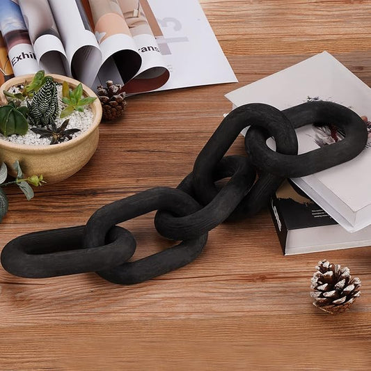 Decorative Wood Chain Link Modern Boho Home Farmhouse Decor, 5 Link Chain Decor Hand-Carved Wooden Aesthetic Crafts, Sustainable Pine Wood for Shelf, Living Room, Rustic Country(Black)