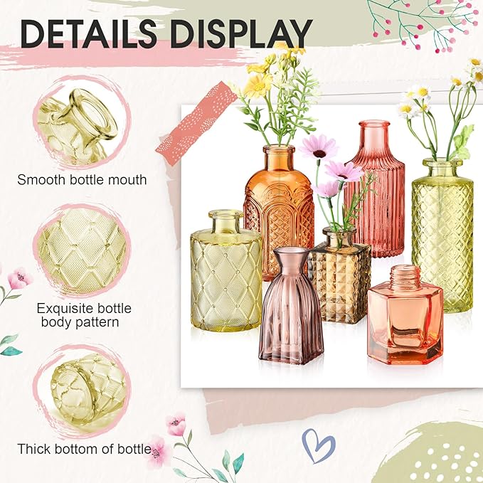 Yaomiao 60 Pcs Vases Bulk Colored Flower Glass Vases Bud Vintage Colored Glass Bottles Colorful Rustic Embossed for Home Wedding Table Decorations Gifts (Orange Yellow Series)