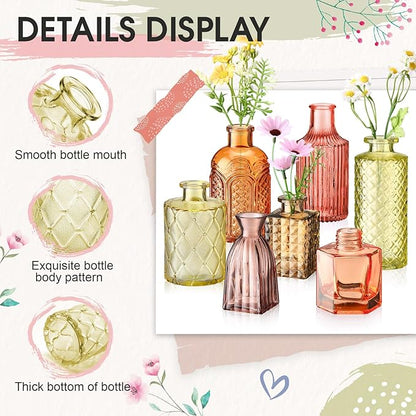 Yaomiao 60 Pcs Vases Bulk Colored Flower Glass Vases Bud Vintage Colored Glass Bottles Colorful Rustic Embossed for Home Wedding Table Decorations Gifts (Orange Yellow Series)