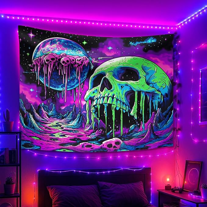 seewan Black Light Melting Skull Tapestry, Glow-in-the-Dark UV Neon Dripping Planet & Skull Tapestry, Psychedelic Space Horror Art Tapestry, Bedroom Dorm Living Room Background Decor
