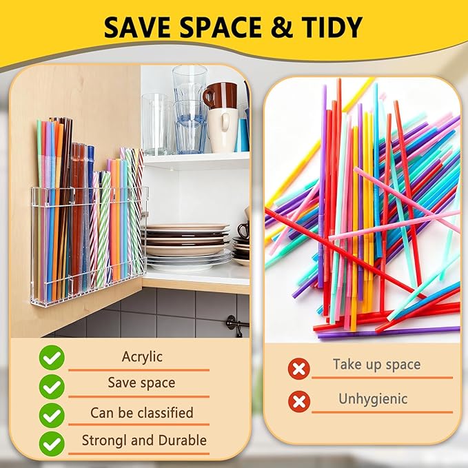 New Upgrade 9.5" Large Acrylic Straw Holder for Cabinet Door-Reusable Tumbler Straw Organizer Storage,Small Kitchen Organizers and Storage Accessories Container,Ultra Sticky Cupboard Door Mounted